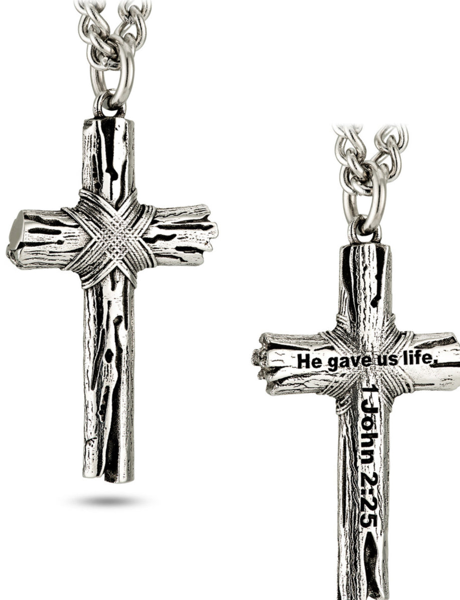 Shields of Strength Men's Woodgrain Cross Necklace 1 John 2:25 - The Tool Store