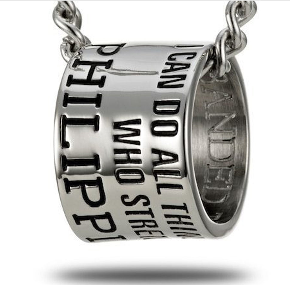 Shields of Strength Men's Stainless Steel Duck Band Necklace Inscribed with Philippians 4:13 - The Tool Store