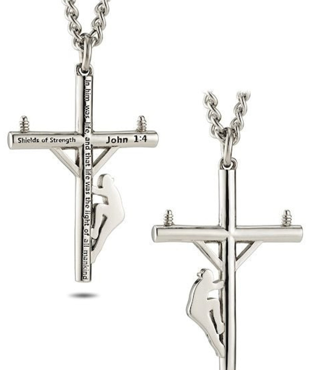 Shields of Strength Men's Stainless Steel Lineman Cross Necklace 24in - John 1:4 - The Tool Store