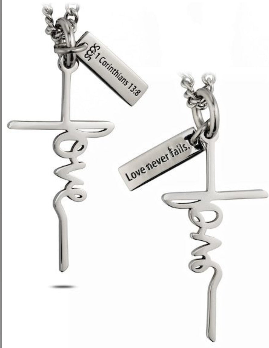 Shields of Strength Women's Stainless Steel Love Cross Necklace-1 Corinthians 13:8 - The Tool Store