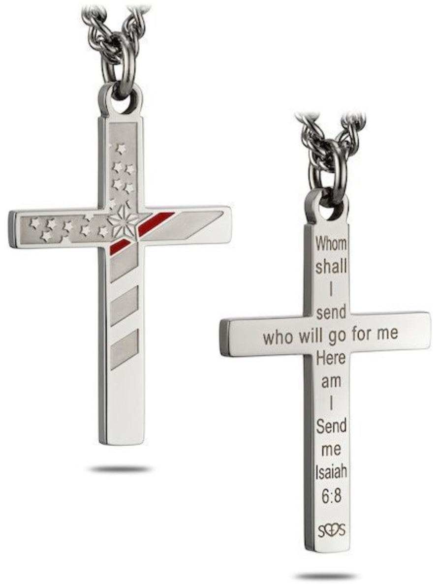 Shields of Strength Men's Stainless Steel Firefighter Flag Cross with Thin Red Line Necklace 24in Inscribed with Isaiah 6:8 Bible Verse - - The Tool Store