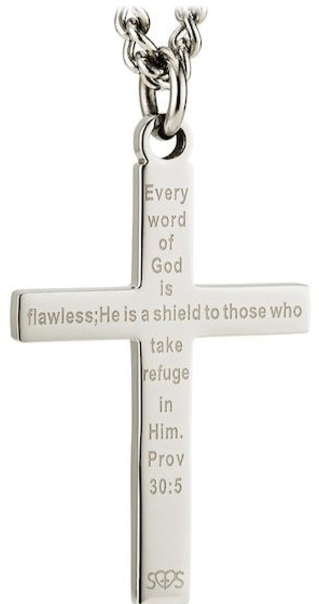 Shields of Strength Men's Thin Blue Line Flag Cross Necklace - Proverbs 30:5 - The Tool Store