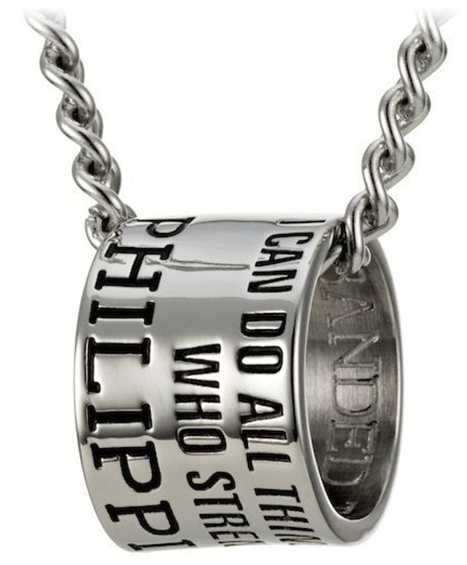 Shields of Strength Men's Stainless Steel Duck Band Necklace Inscribed with Philippians 4:13 Bible Verse for Hunters - Christian Gift