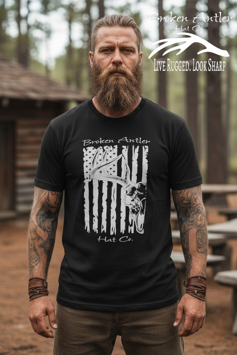 Broken Antler Hat Co.- Broken Antler Flag Deer Skull Shirt Front - The Tool Store