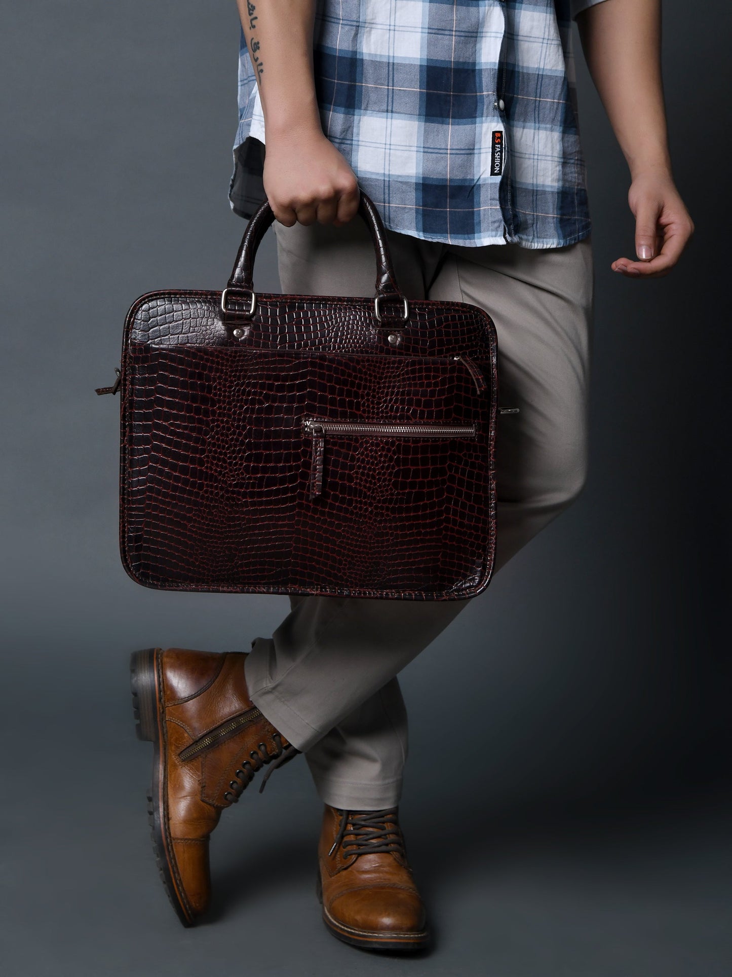 Croco Leather Computer Bag, Dark Brown - The Tool Store