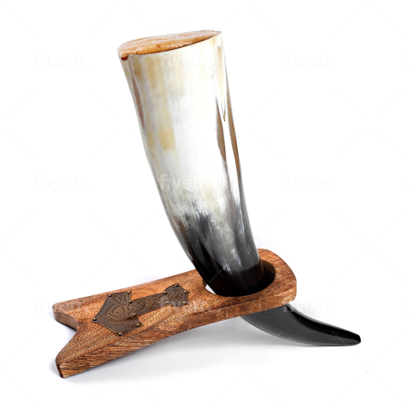 Curved Drinking Horn with Wooden Stand - The Tool Store