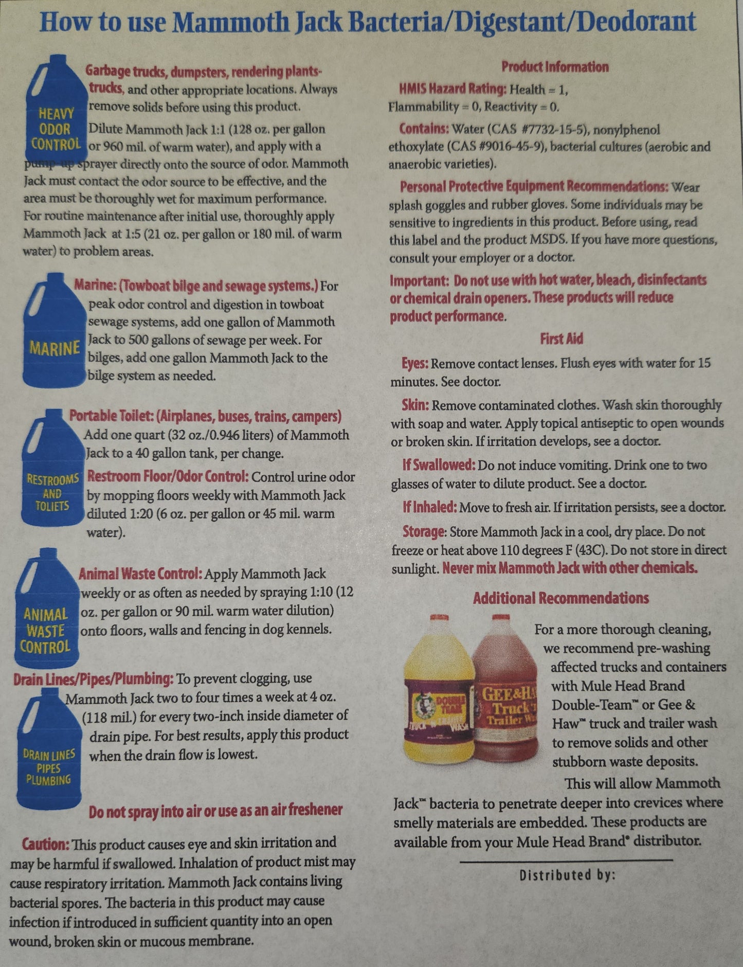 Mule Head Brand Mammoth Jack  Bacteria/Digestant/Deodorant 1 Gallon - The Tool Store