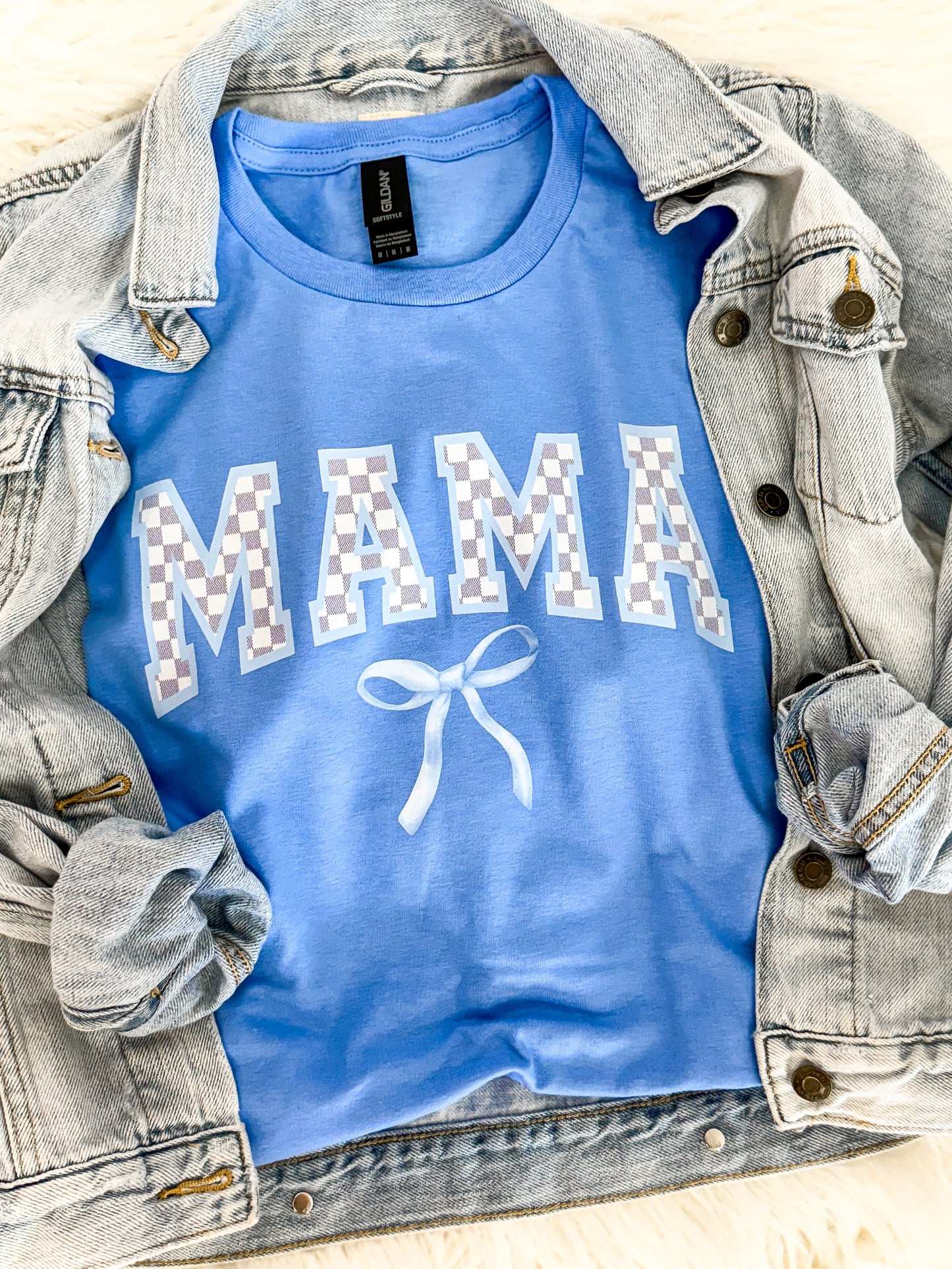 Mama Checkered Blue Bow Tee - The Tool Store