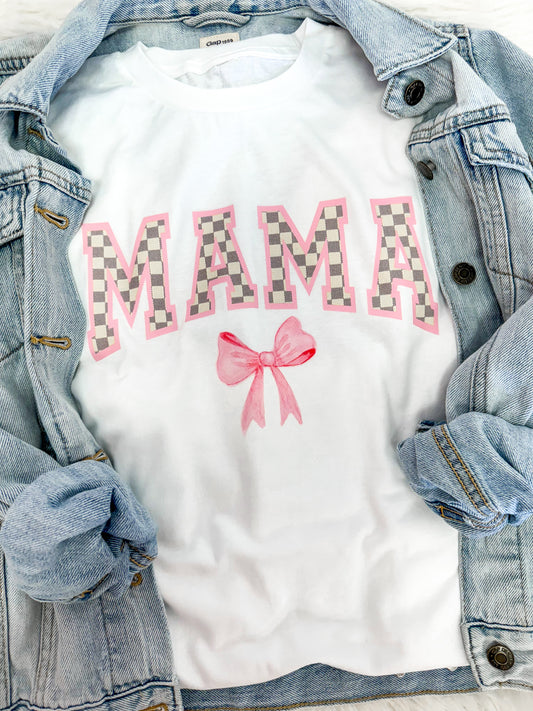 Mama Checkered Pink Bow Tee - The Tool Store