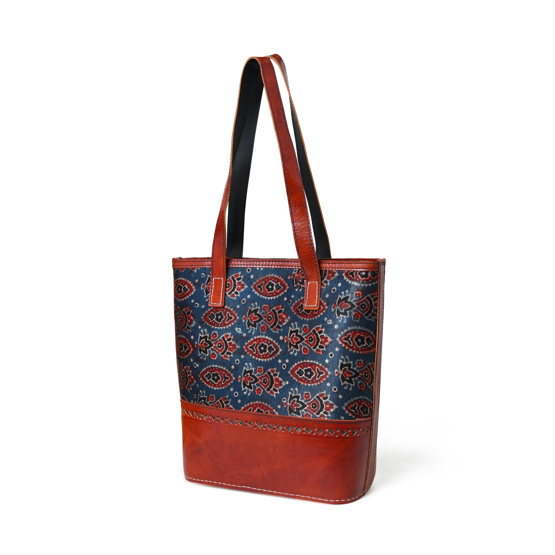 Neela Ajrakh Leather Tote Bag - The Tool Store