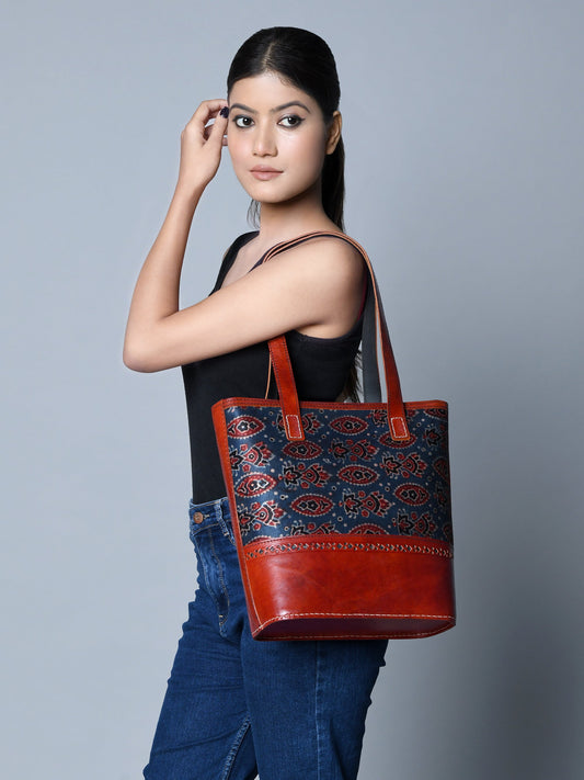 Neela Ajrakh Leather Tote Bag - The Tool Store