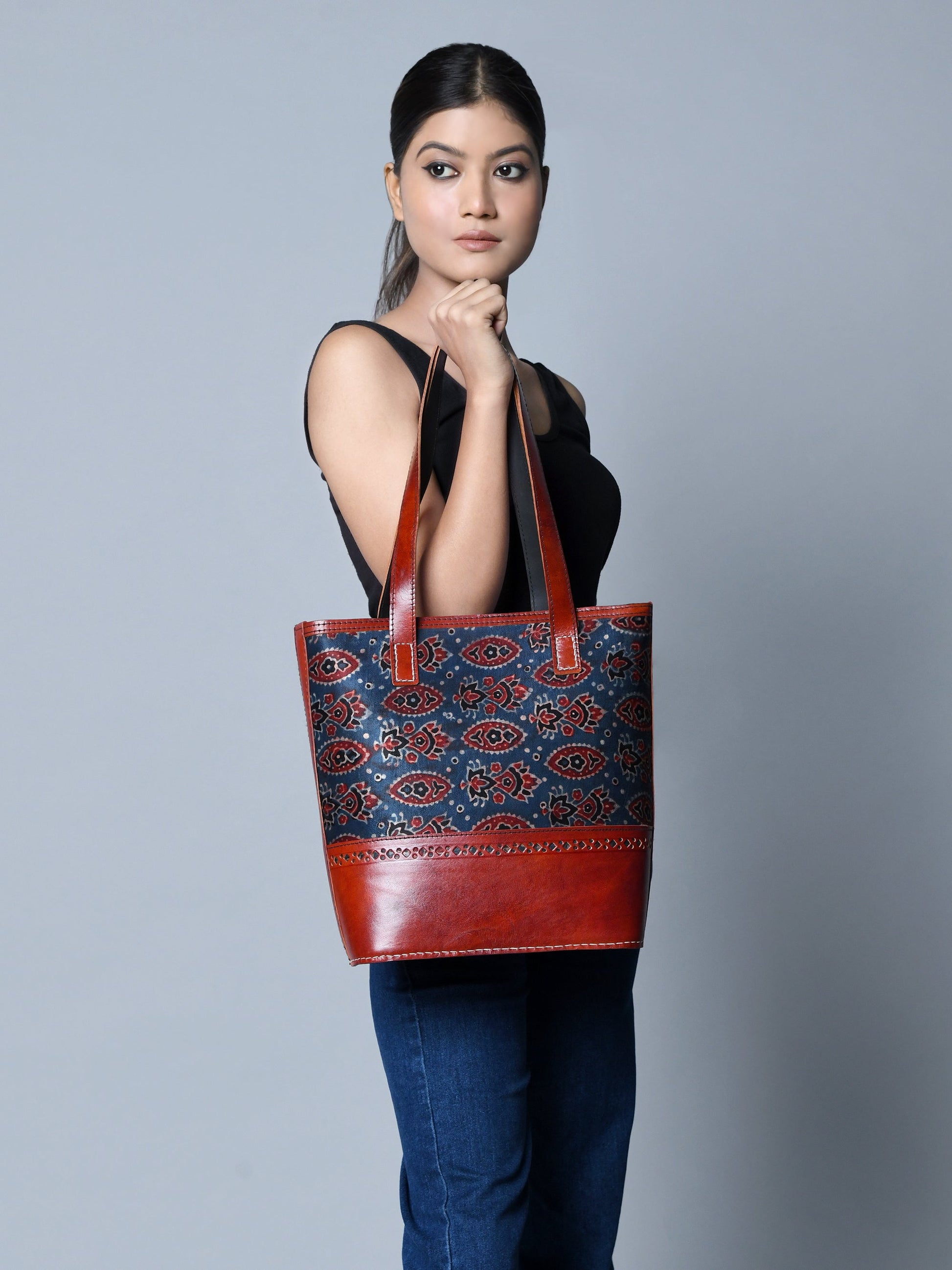 Neela Ajrakh Leather Tote Bag - The Tool Store