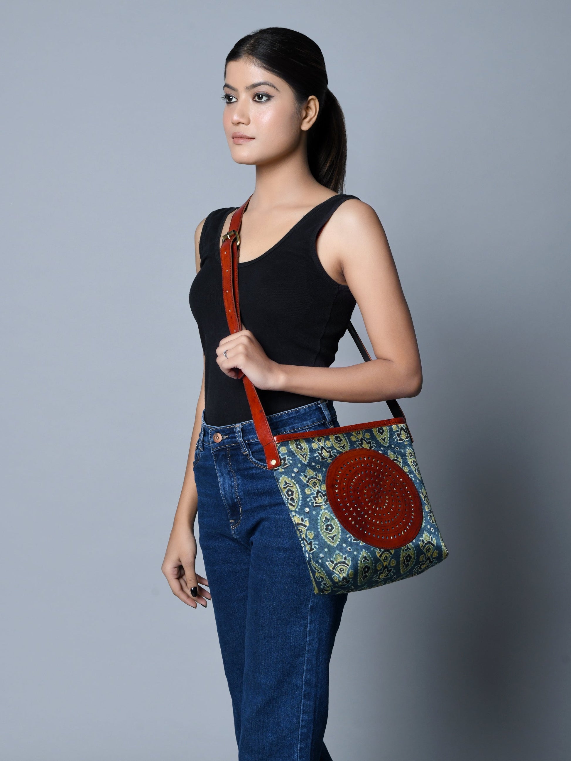 Neela Ajrakh Leather Tote Bag - The Tool Store