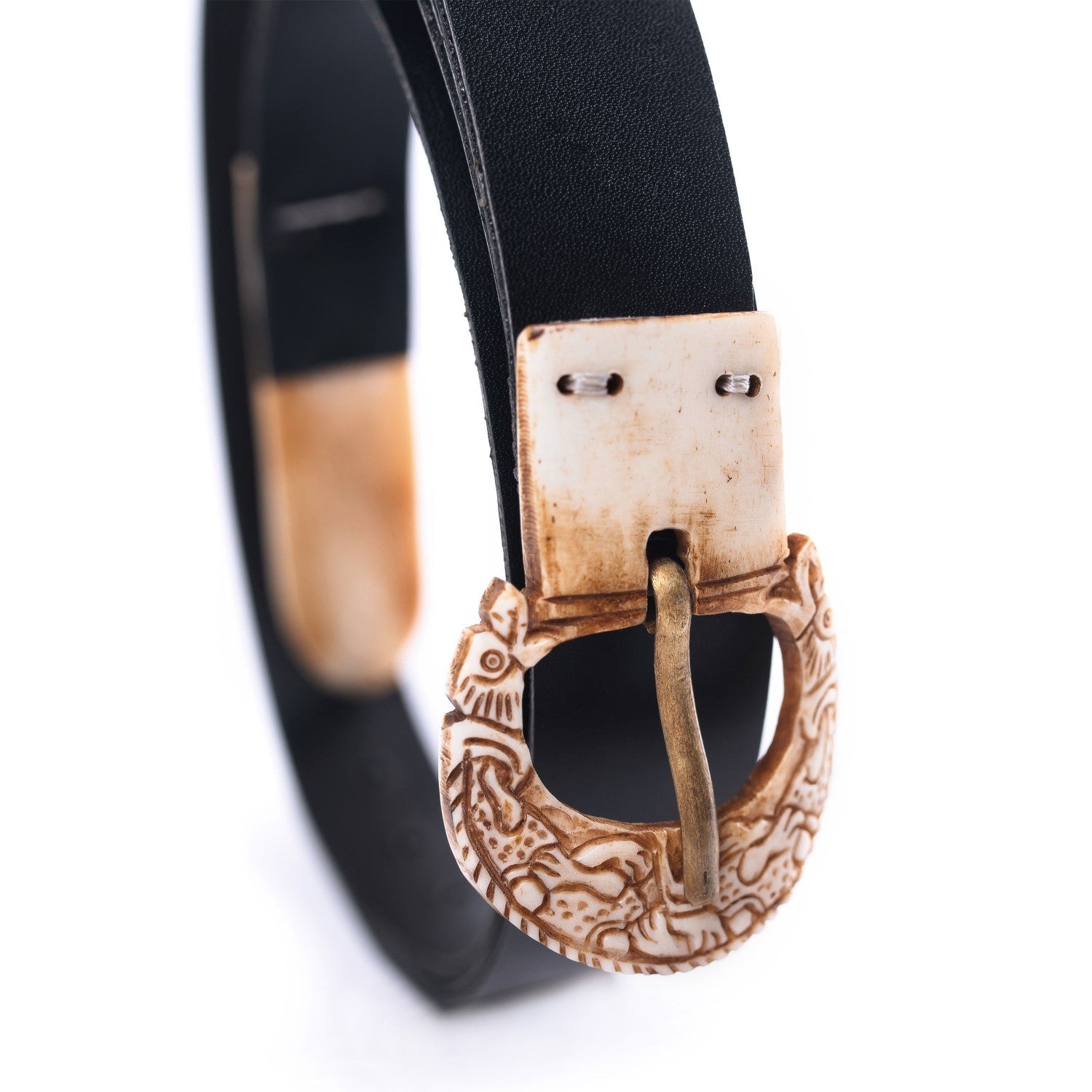 Viking Leather Belt with Hand-Carved Bone Buckle & Tip - The Tool Store