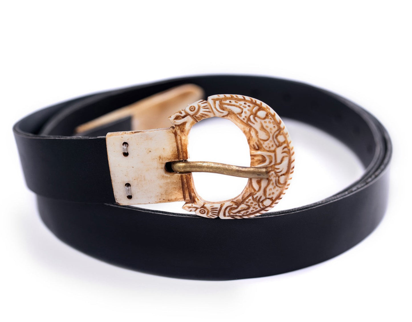 Viking Leather Belt with Hand-Carved Bone Buckle & Tip - The Tool Store