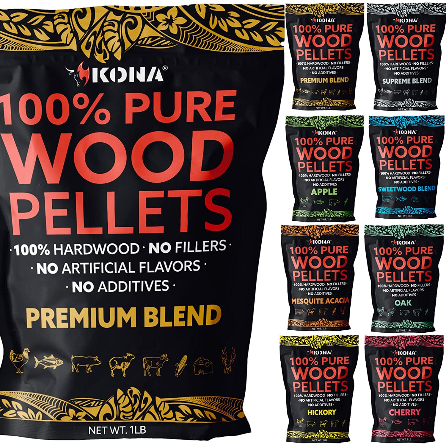 Kona Premium Wood Pellets - Grilling, BBQ & Smoking - Concentrated 100% Hardwood Variety Pack - The Tool Store