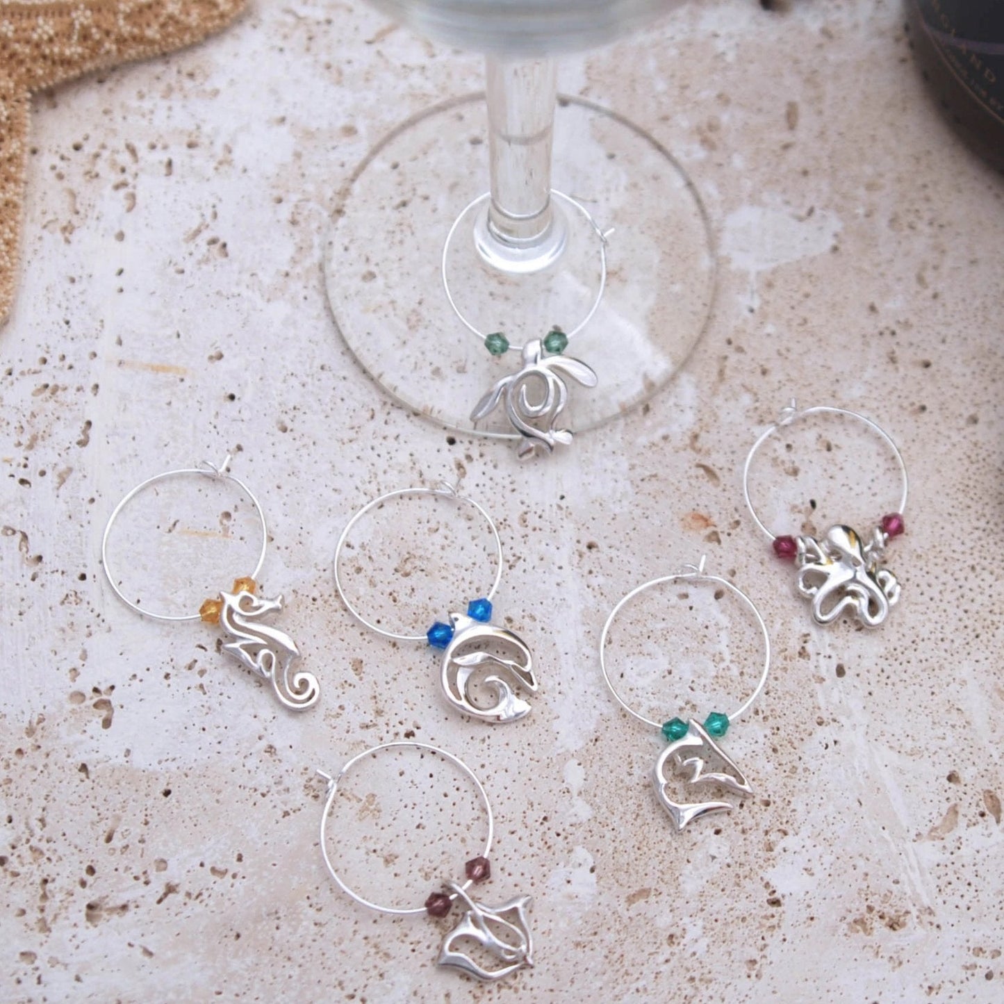 Wine Glass Charms, Sea Life Wine Charms, Wine Tags for Divers, Scuba Divers Gift Set, Ocean Theme Wine Glass Sea Life Charm Markers Gift Set - The Tool Store