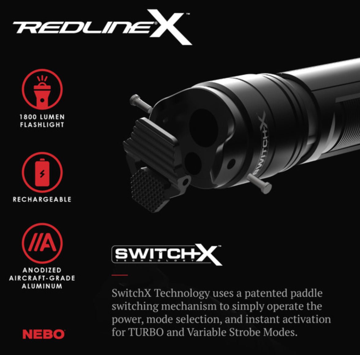 Nebo Redline X Rechargeable Led Flashlight with 1,800 Lumen Turbo Mode