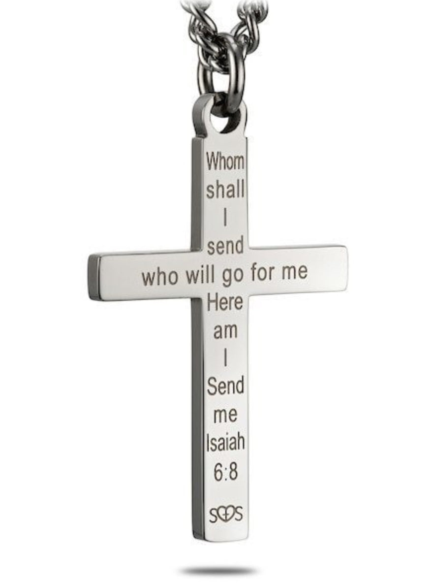 Shields of Strength Men's Stainless Steel Firefighter Flag Cross with Thin Red Line Necklace 24in Inscribed with Isaiah 6:8 Bible Verse -