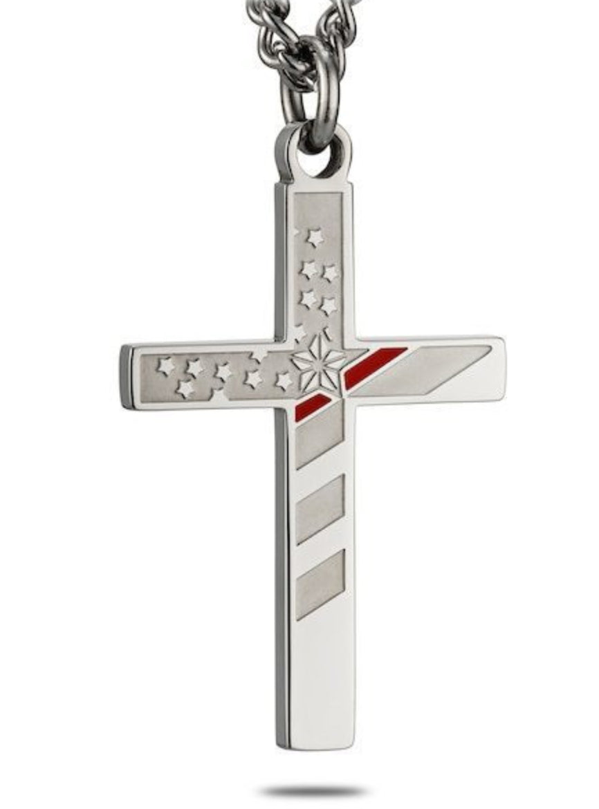 Shields of Strength Men's Stainless Steel Firefighter Flag Cross with Thin Red Line Necklace 24in Inscribed with Isaiah 6:8 Bible Verse -