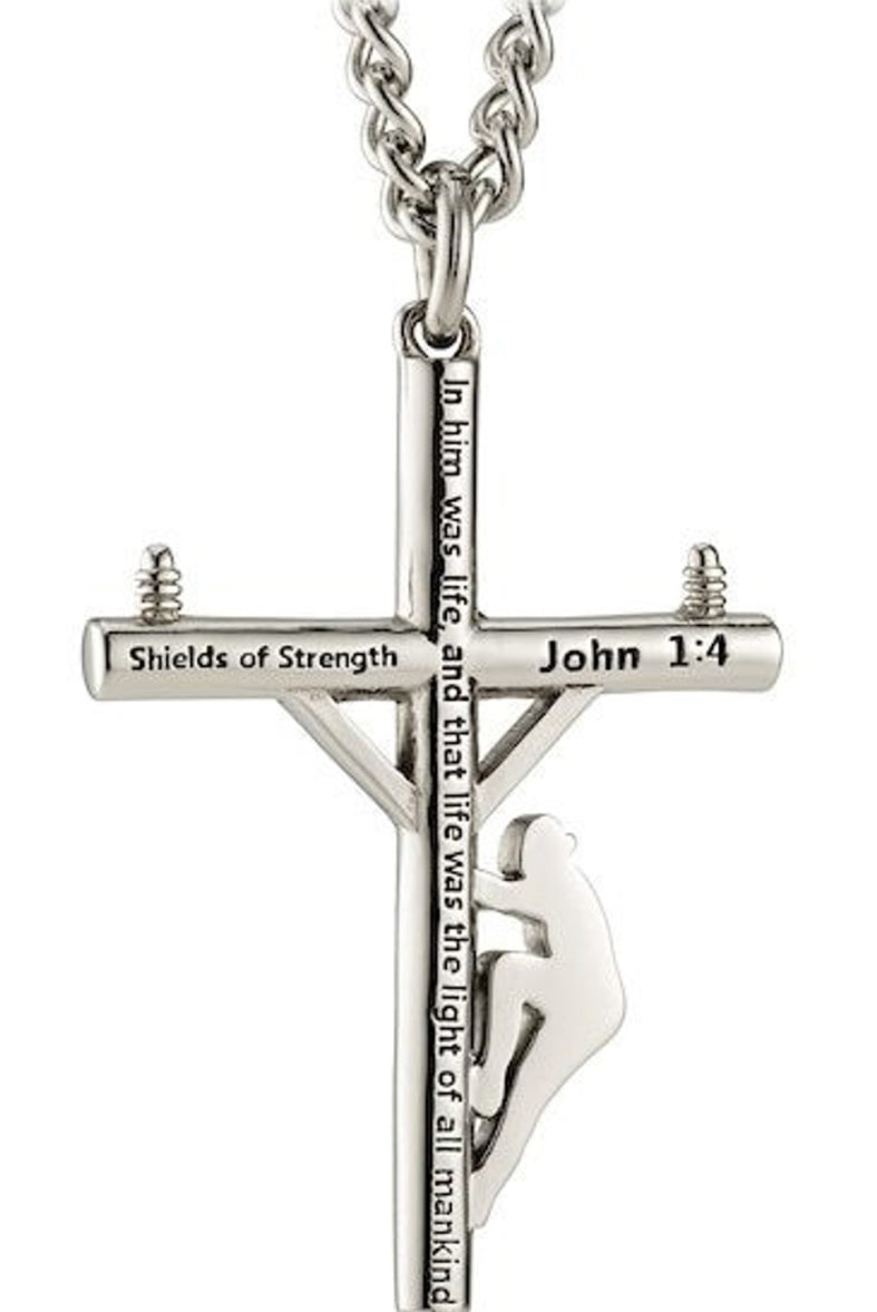 Shields of Strength Men's Stainless Steel Lineman Cross Necklace 24in - John 1:4