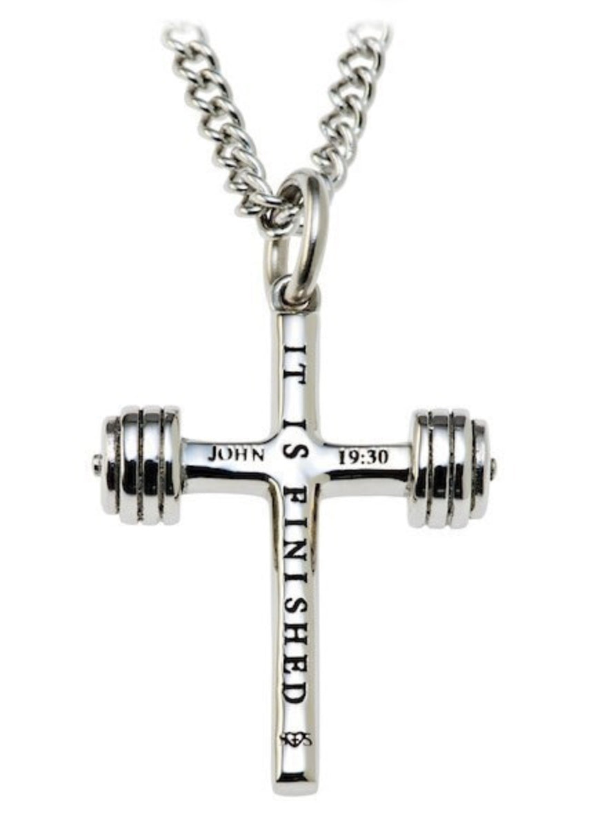 Shields of strength Women's Mini Dumbbell Cross Necklace - John 19:30