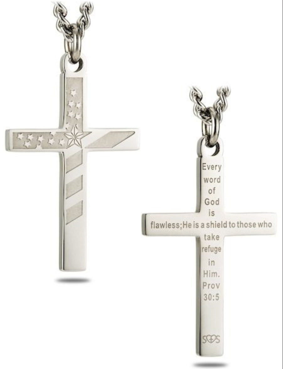 Shields of Strength Men's Flag Cross Necklace - Proverbs 30:5 Bible Verse 24in- Christian Jewelry Gift