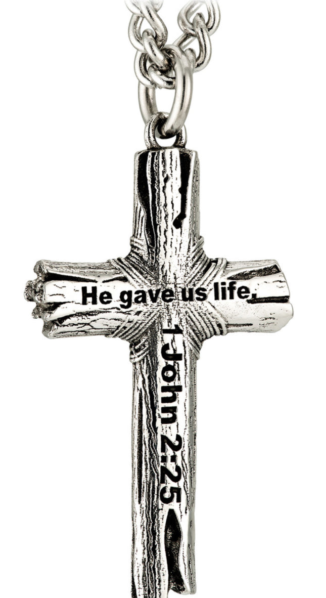 Shields of Strength Men's Woodgrain Cross Necklace 1 John 2:25