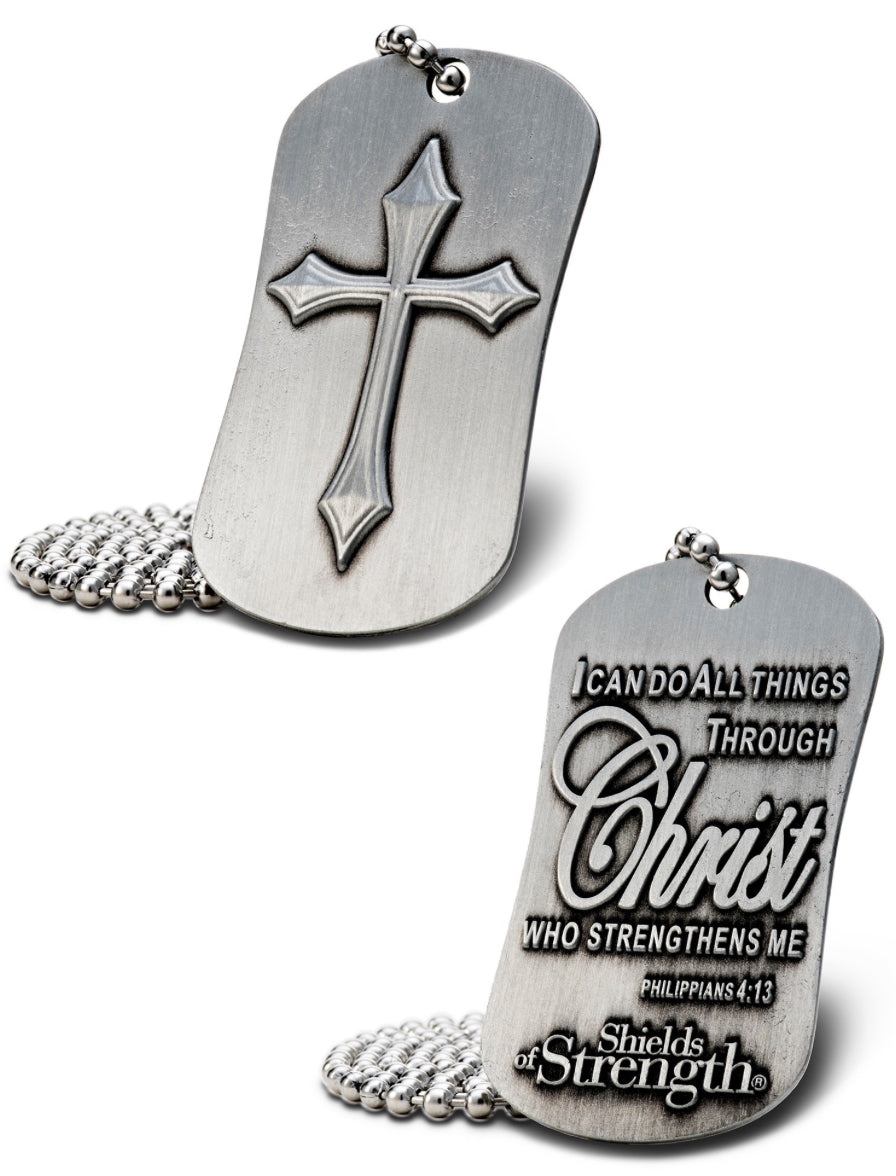 Shields of Strength Phil 4:13-Antique Finish Dog Tag w/ Cross Necklace