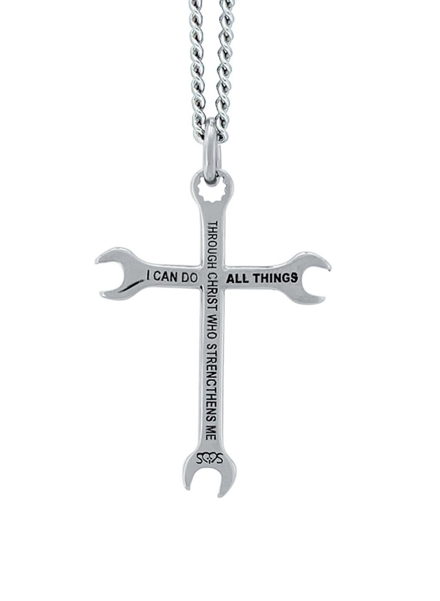 Stainless Steel Men's Wrench Cross Pendant Necklace Inscribed with Philippians 4:13 Bible Verse - The Tool Store