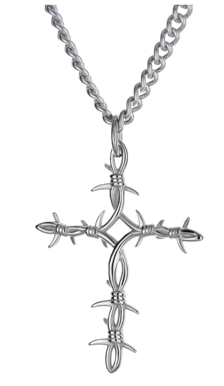 Shields of Strength Men's Stainless Barbed Wire Cross Necklace - John 19:30