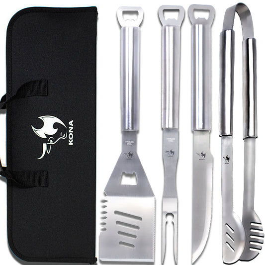 Kona Grill Tools Set - Stainless-Steel Spatula, Tongs, Fork, Knife, Openers & Case - The Tool Store
