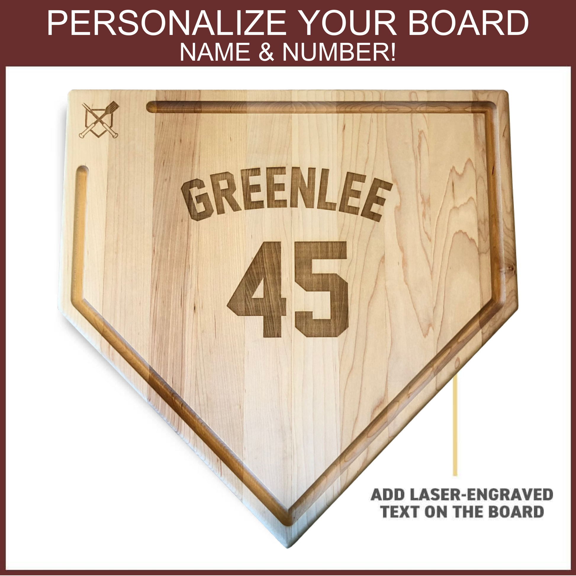 Full Size (17" x 17") Home Plate Cutting Board with Trough & Custom Text Engraving OR Personal Logo - The Tool Store