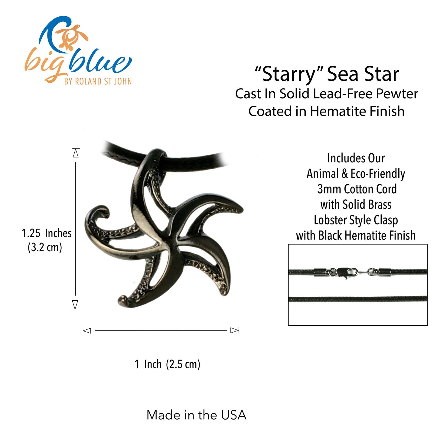 Starfish Necklace for Women Hematite- Sea Star Pendant Jet Black, Starfish Necklace Charm Hematite Finish, Beachy Necklaces, Starfish Black Necklace - The Tool Store