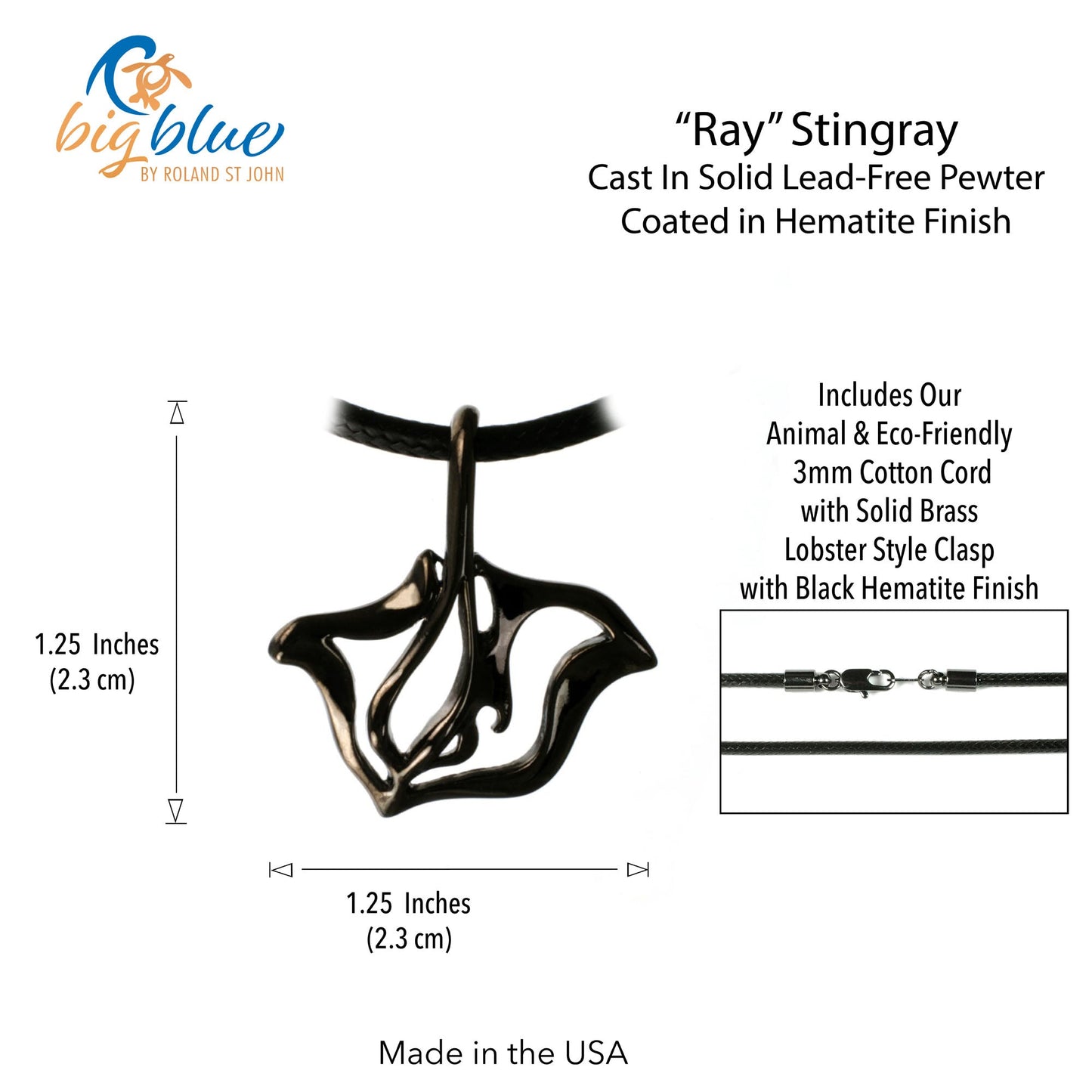 Stingray Necklace for Men and Women Hematite - Manta Ray Gift for Women and Men, Stingray Necklace Jet Black, Gifts for Divers, Hematite Jewelry - The Tool Store
