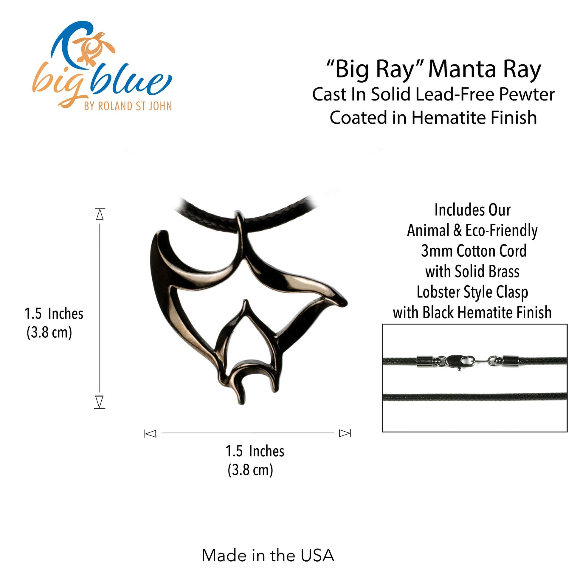 Manta Ray Necklace for Men and Women Hematite - Manta Ray Gift for Women and Men, Stingray Necklace Jet Black, Gifts for Divers, Hematite Jewelry - The Tool Store