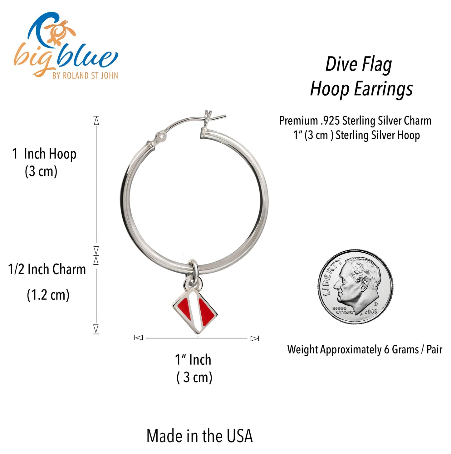 Dive Flag Hoop Earrings for Women Sterling Silver- Scuba Diving Gifts for Women, Scuba Diving Earrings, Dive Flag Charm Earrings, Gifts for Scuba Divers - The Tool Store