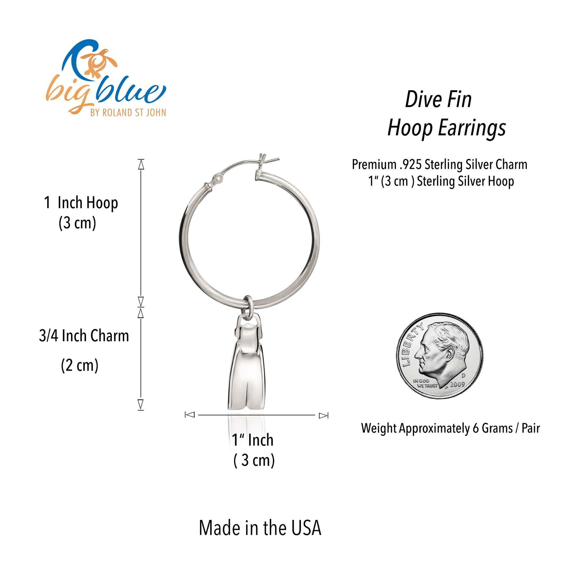 Dive Fin Hoop Earrings for Women Sterling Silver- Scuba Diving Gifts for Women, Scuba Diving Earrings, Dive Fin Charm Earrings, Gifts for Scuba Divers - The Tool Store