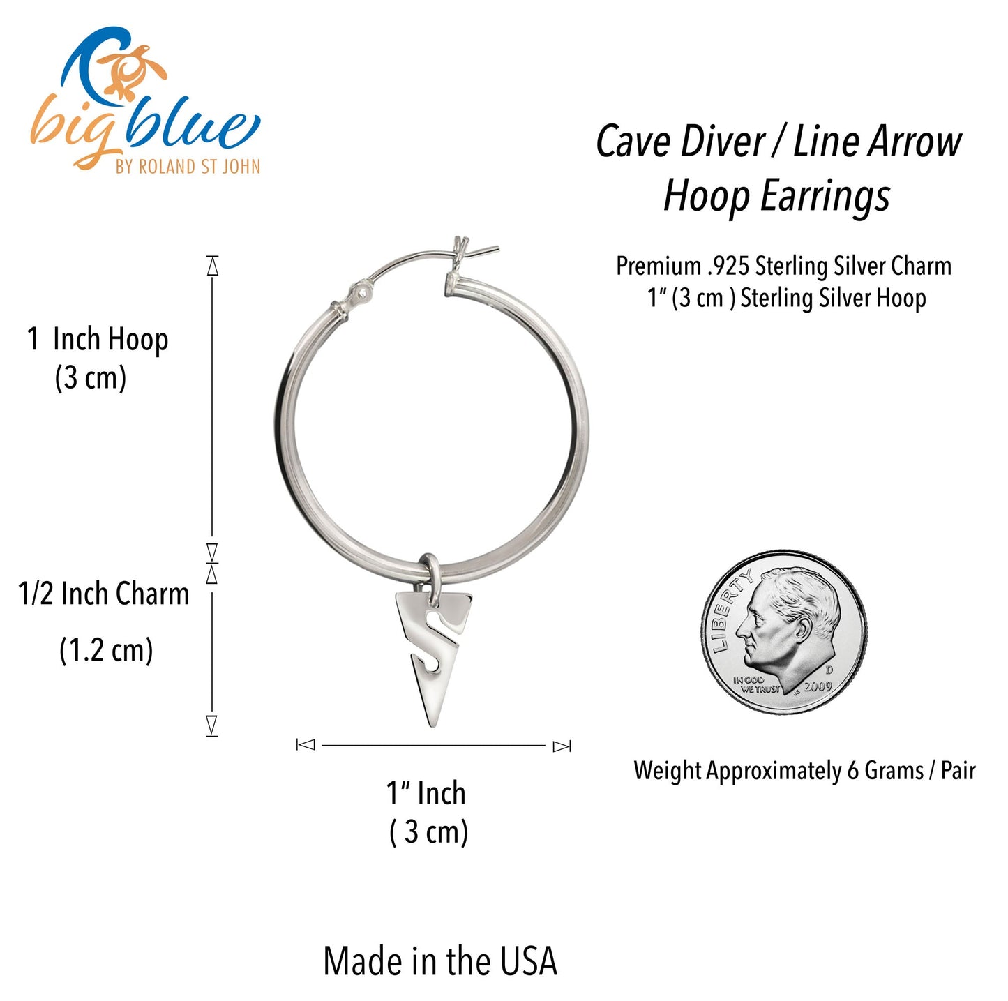 Line Arrow Sterling Silver Hoop Earrings- Earrings for Scuba Divers, Cave Diver Line Arrow Sterling Silver Drop Earrings - The Tool Store