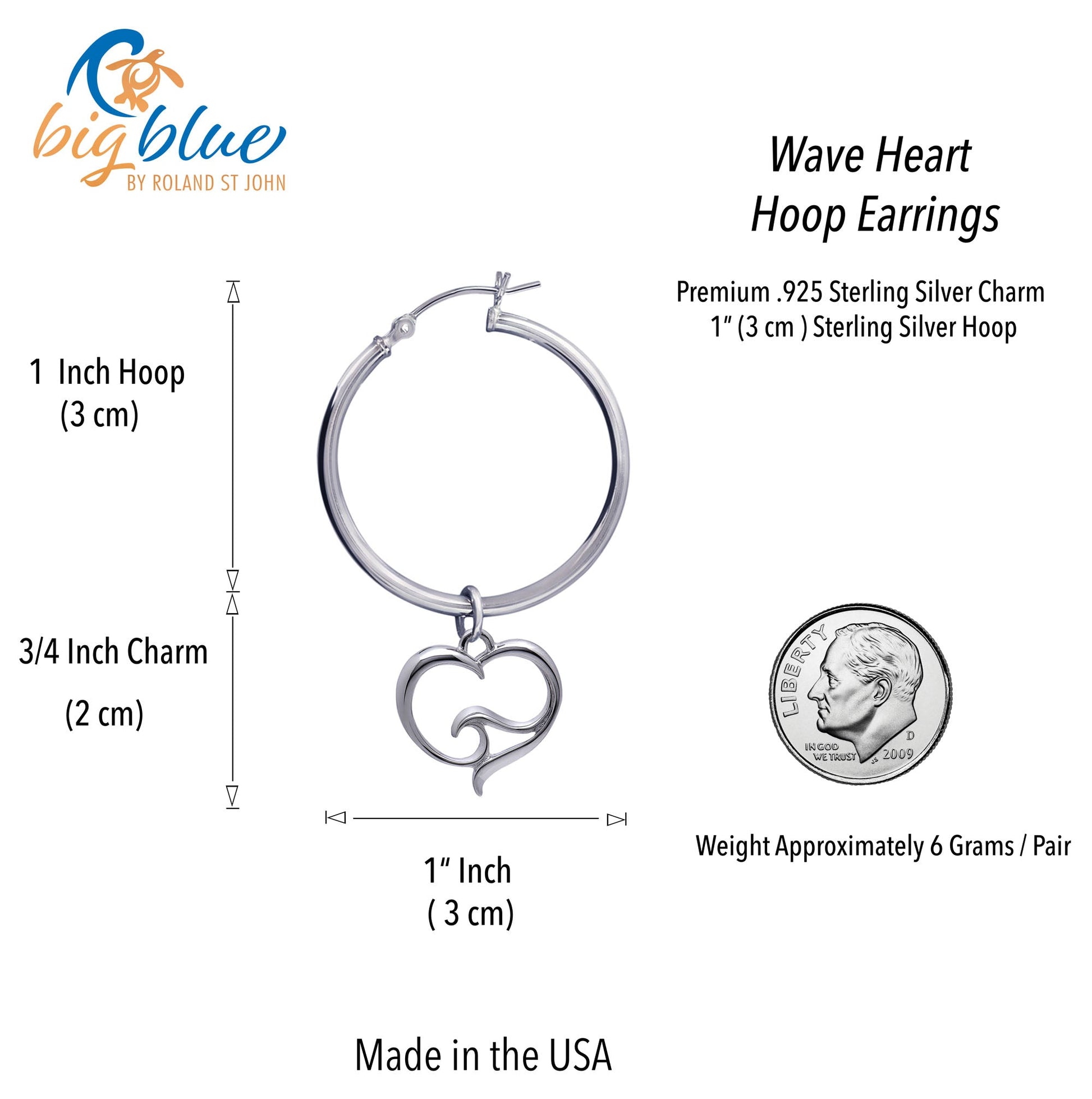 Ocean Wave Heart Hoop Earrings Sterling Silver, Sterling Silver Wave Charm Earrings, Heart Hoop Dangle Earrings with Ocean Wave Sterling - The Tool Store