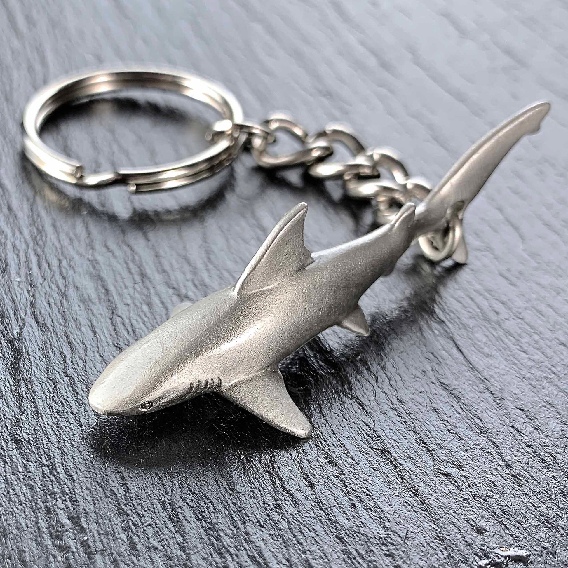 Reef Shark Keychain for Men and Women- Grey Reef Shark Keychain Charm, Gifts for Shark Lovers, Realistic Antique Pewter Keyring, Reef Shark Key Fob - The Tool Store