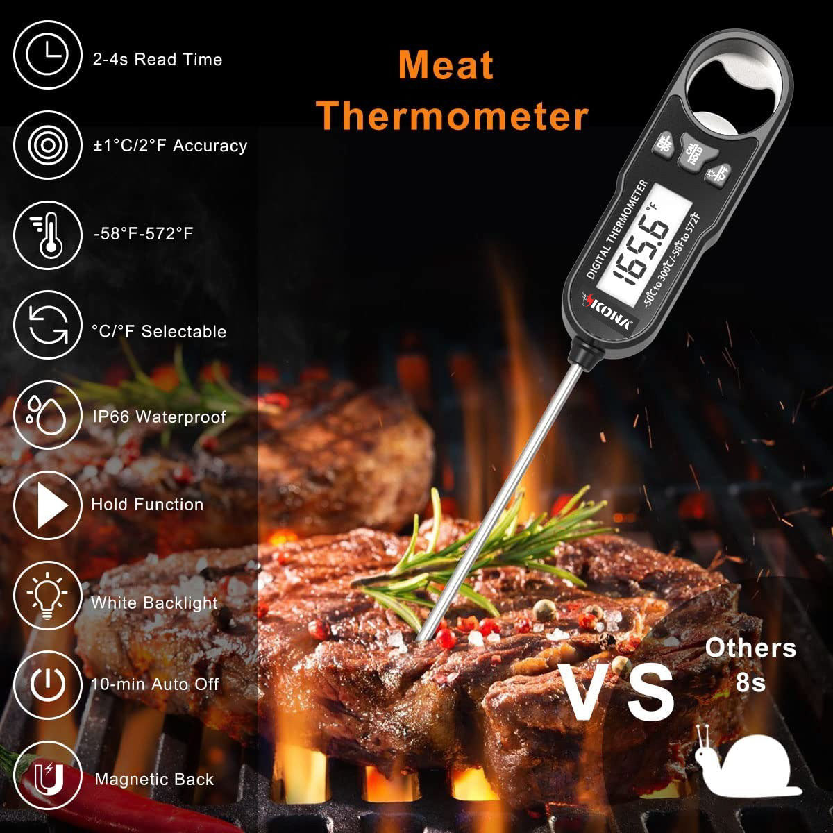 Kona Digital Meat and Candy Thermometer with Backlit LED Screen - Compact and Accurate Cooking Tool for Perfectly Cooked Food Every Time! Ideal for BBQ, Grilling, Kitchen, Oven, and Smoker - The Tool Store