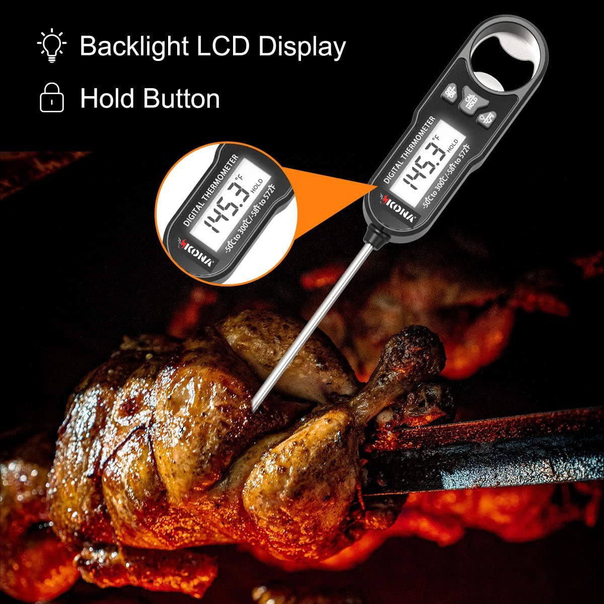 Kona Digital Meat and Candy Thermometer with Backlit LED Screen - Compact and Accurate Cooking Tool for Perfectly Cooked Food Every Time! Ideal for BBQ, Grilling, Kitchen, Oven, and Smoker - The Tool Store