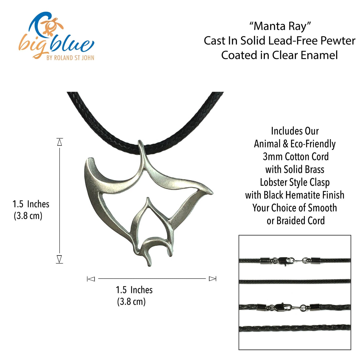 Manta Ray Necklace Pewter Pendant- Manta Ray Gift for Women and Men, Stingray Necklace, Gifts for Divers, Sea Life Jewelry for Divers, Stingray Charm - The Tool Store