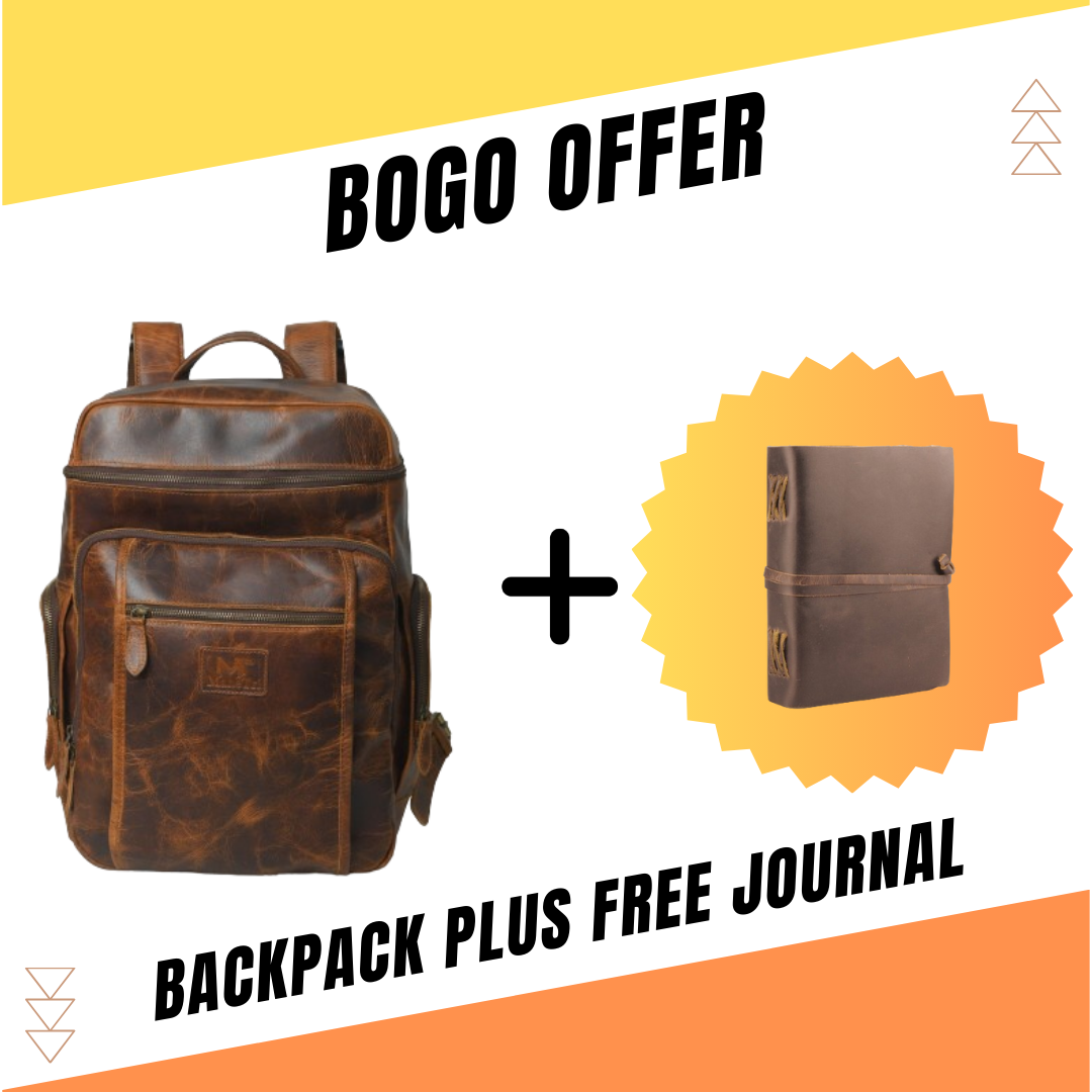 BOGO: Alpha Caramel Buffalo Leather Travel Backpack + FREE Leather Journal - The Tool Store