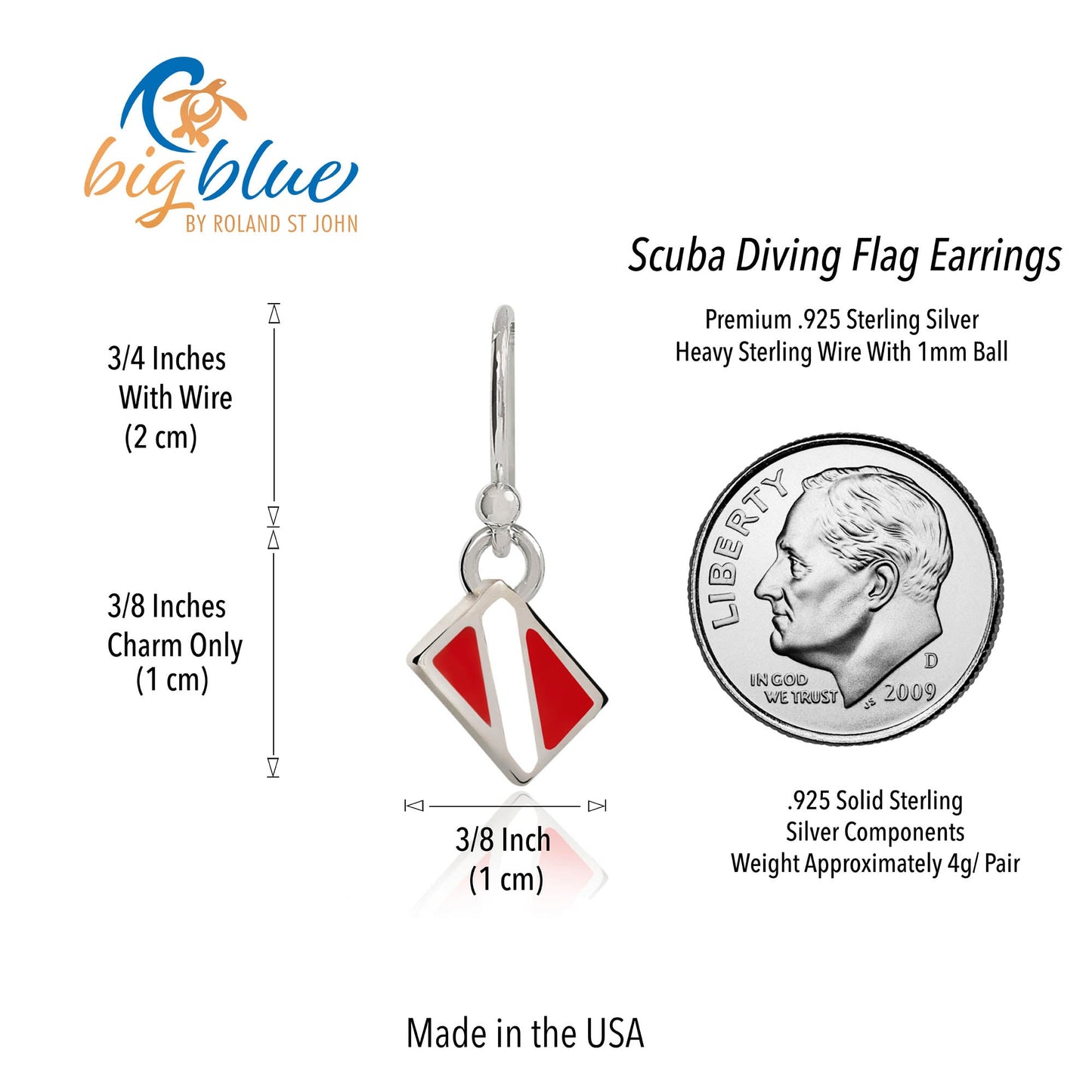 Dive Flag Earrings for Women Sterling Silver- Scuba Diving Gifts for Women, Scuba Diving Earrings, Dive Flag Charm Earrings, Gifts for Scuba Divers - The Tool Store