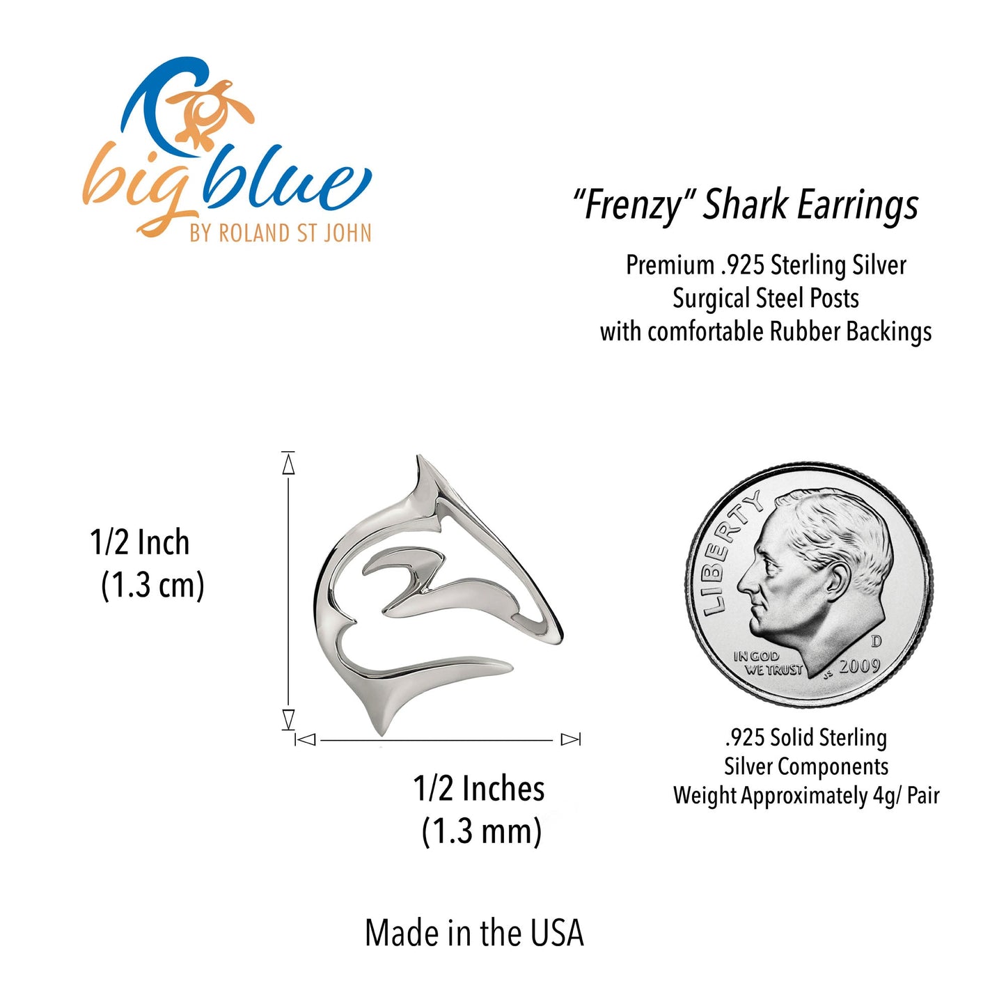 Shark Earrings Sterling Silver- Shark Post Earrings, Sterling Silver Shark Stud Earrings, Gifts for Shark Lovers, Shark Charm Earrings - The Tool Store