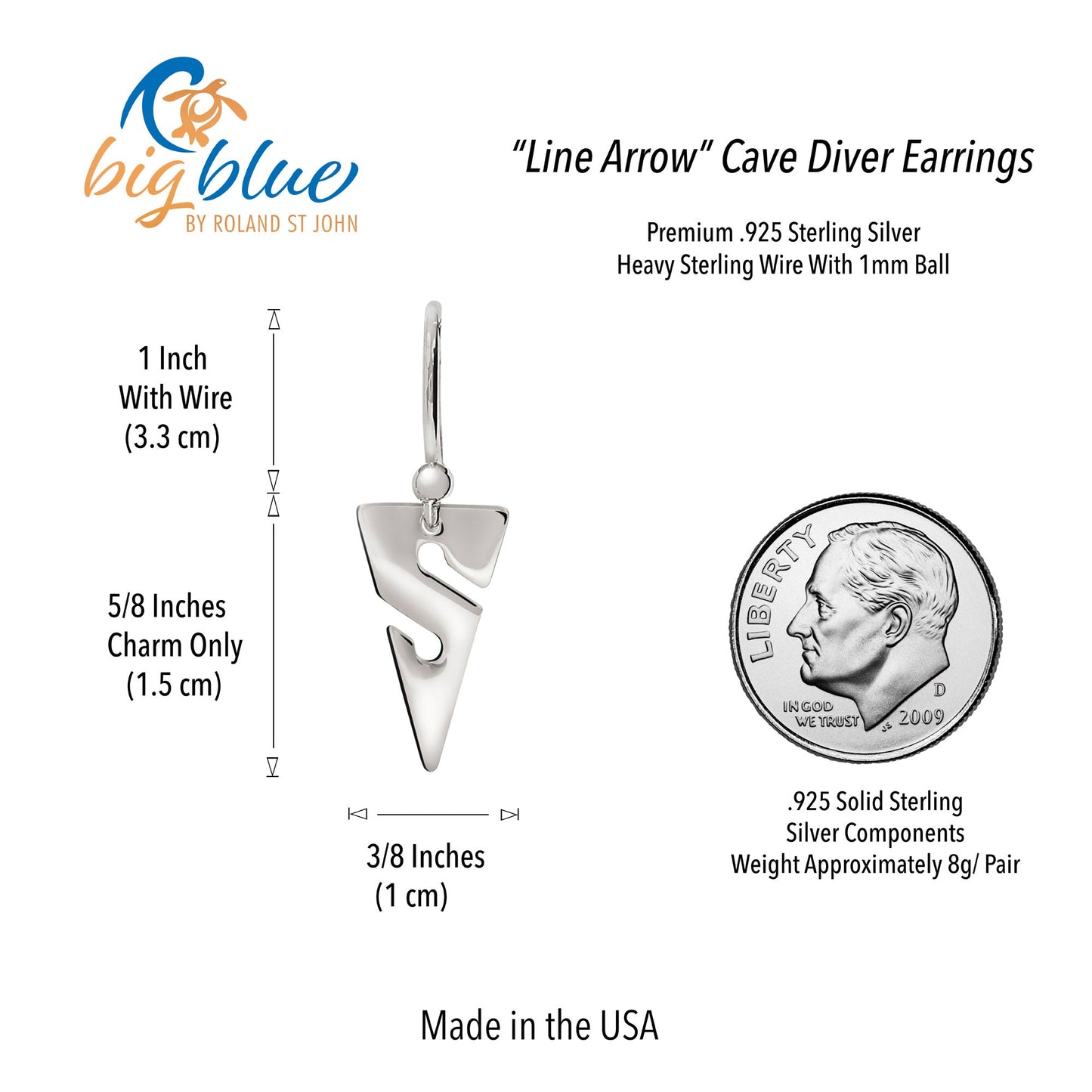 Line Arrow Sterling Silver Drop Earrings- Earrings for Scuba Divers, Cave Diver Line Arrow Sterling Silver Drop Earrings - The Tool Store