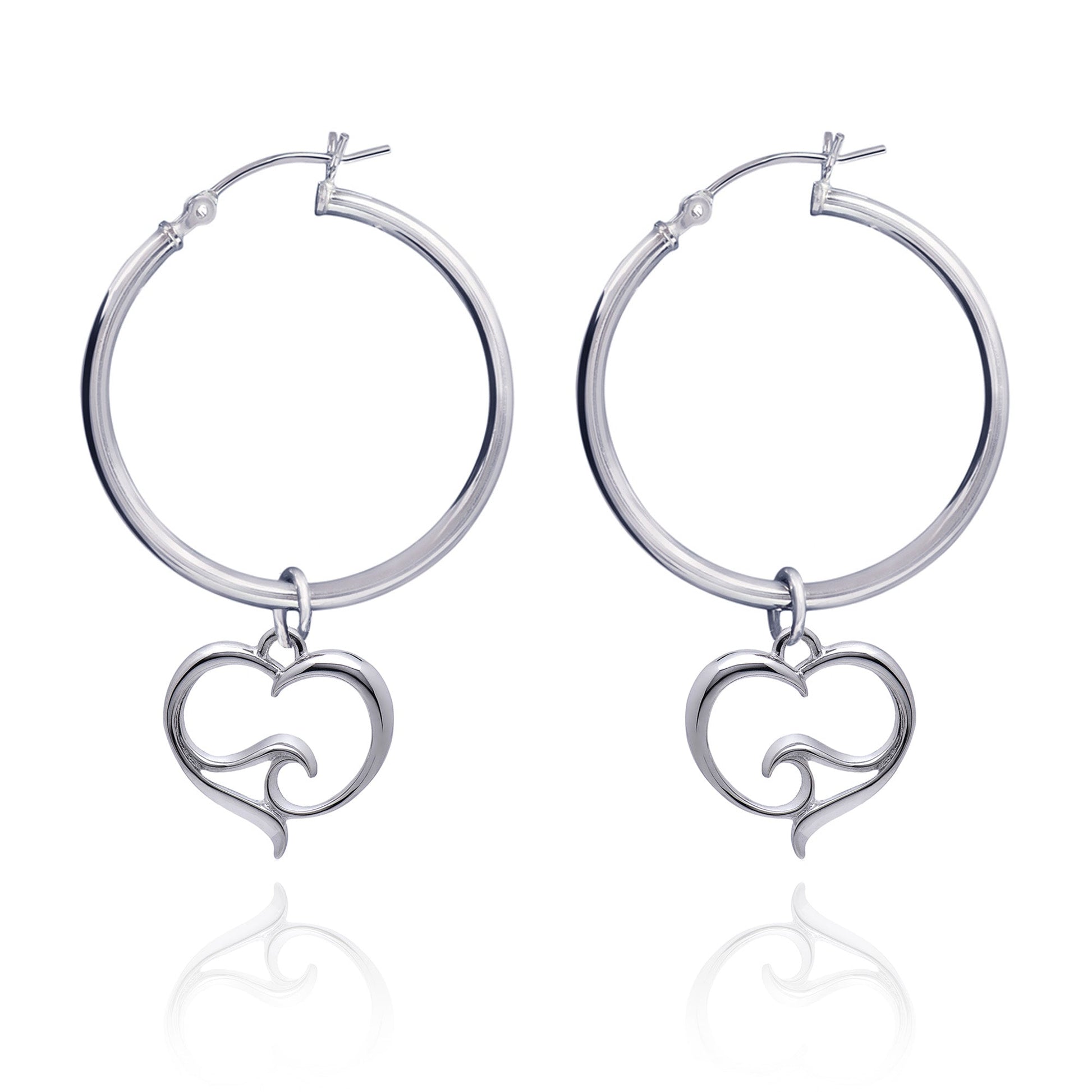 Ocean Wave Heart Hoop Earrings Sterling Silver, Sterling Silver Wave Charm Earrings, Heart Hoop Dangle Earrings with Ocean Wave Sterling - The Tool Store