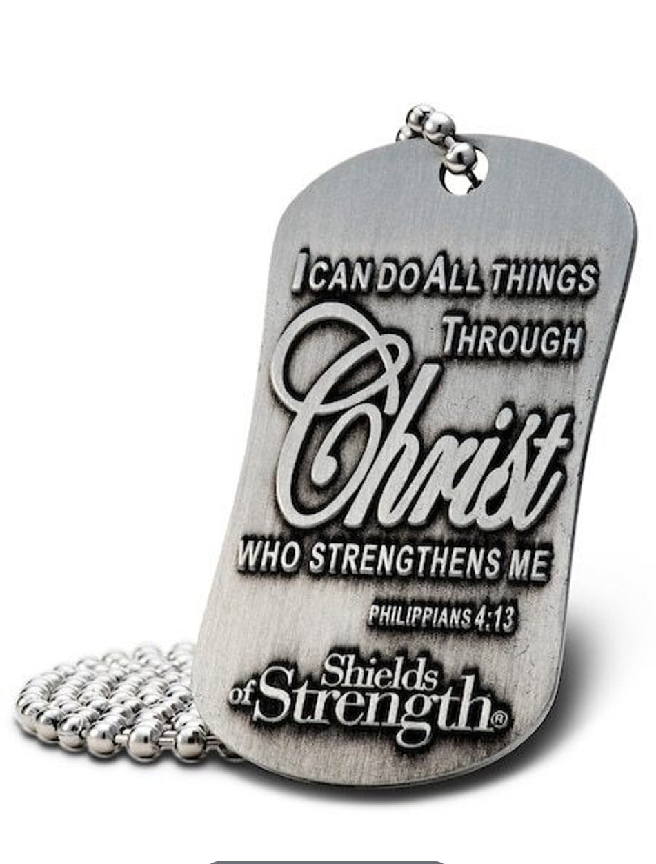 Shields of Strength Phil 4:13-Antique Finish Dog Tag w/ Cross Necklace - The Tool Store